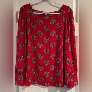 LOFT Floral Red Square Neck Blouse Sz XL